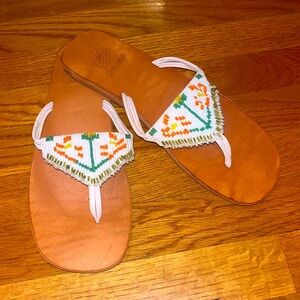 Yellow Box leather upper beaded flip flops size 7 1/2 in like new condition